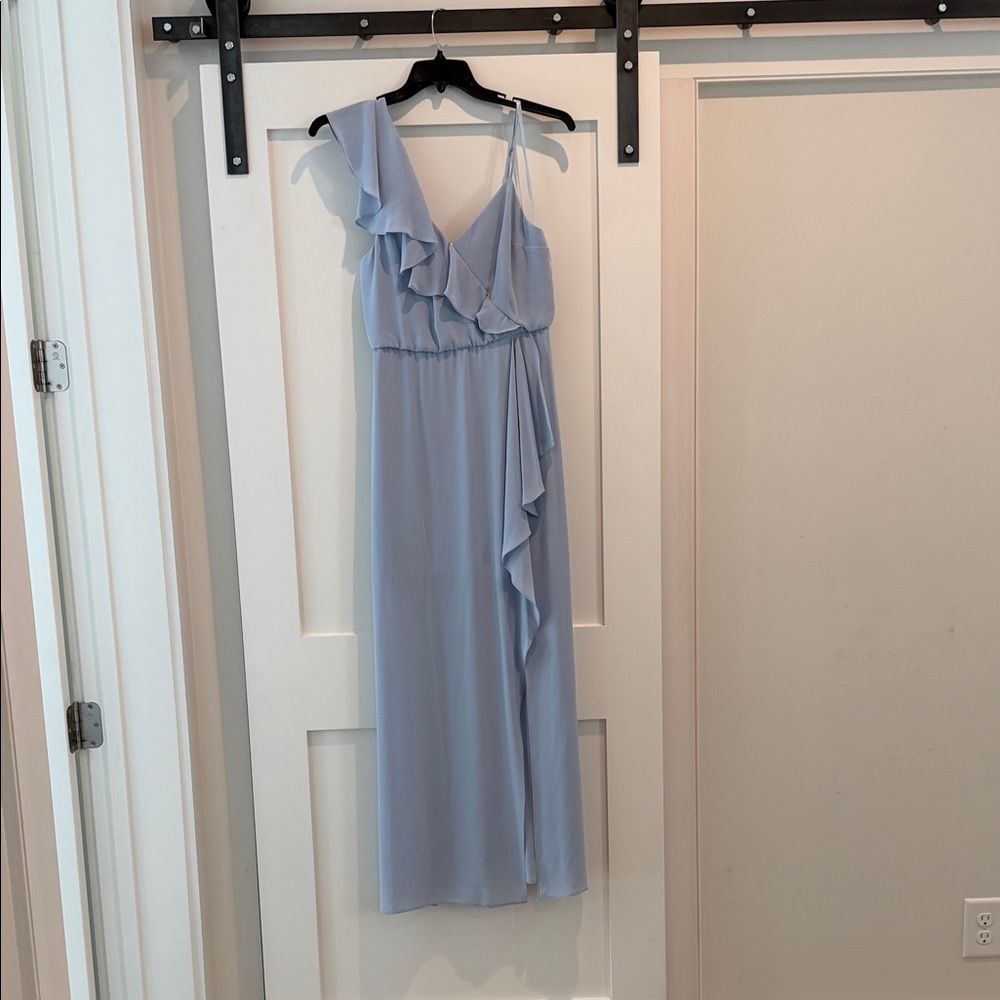 BCBGMaxAzria Pale Blue One-Shoulder Ruffle Maxi Dress